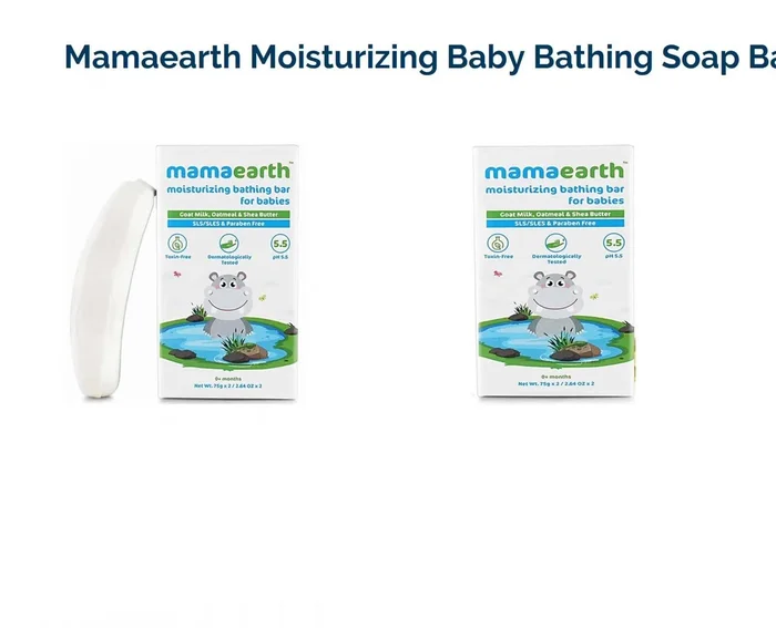 Review of Mama Earth moisturizing baby bathing soap bar: ingredients (coconut-based cleansers, goat milk), price, and benefits.