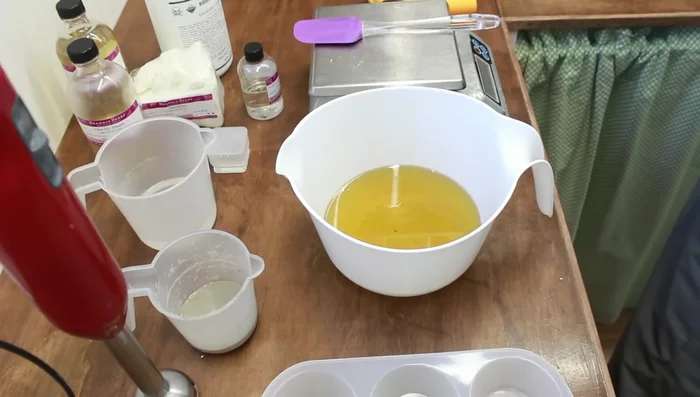 Prepare Oils: Infuse olive oil (POMUS) with Egyptian chamomile for 2 hours. Combine infused olive oil, castor oil, and shea butter in a heat-safe container. Heat to 110°F.