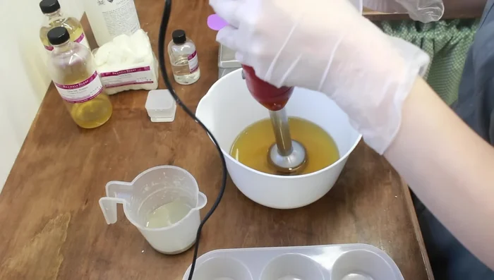 Emulsify with Stick Blender: Use a stick blender to mix until a thin trace is achieved. Scrape down the sides of the container to incorporate all ingredients.