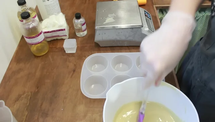 Pour into Mold: Pour the soap mixture into a silicone mold. Tap the mold gently to remove air bubbles. 