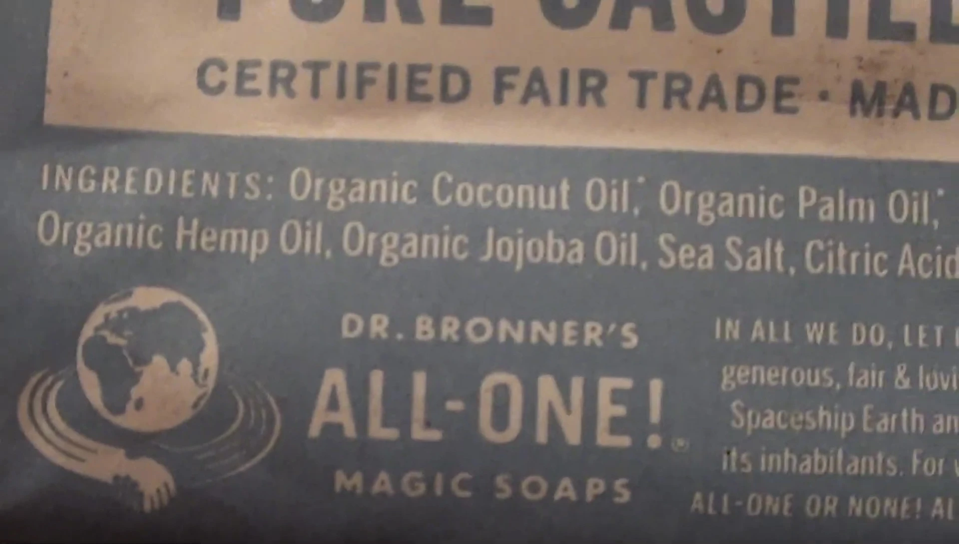 Close up of the ingredient list on the soap wrapper.
