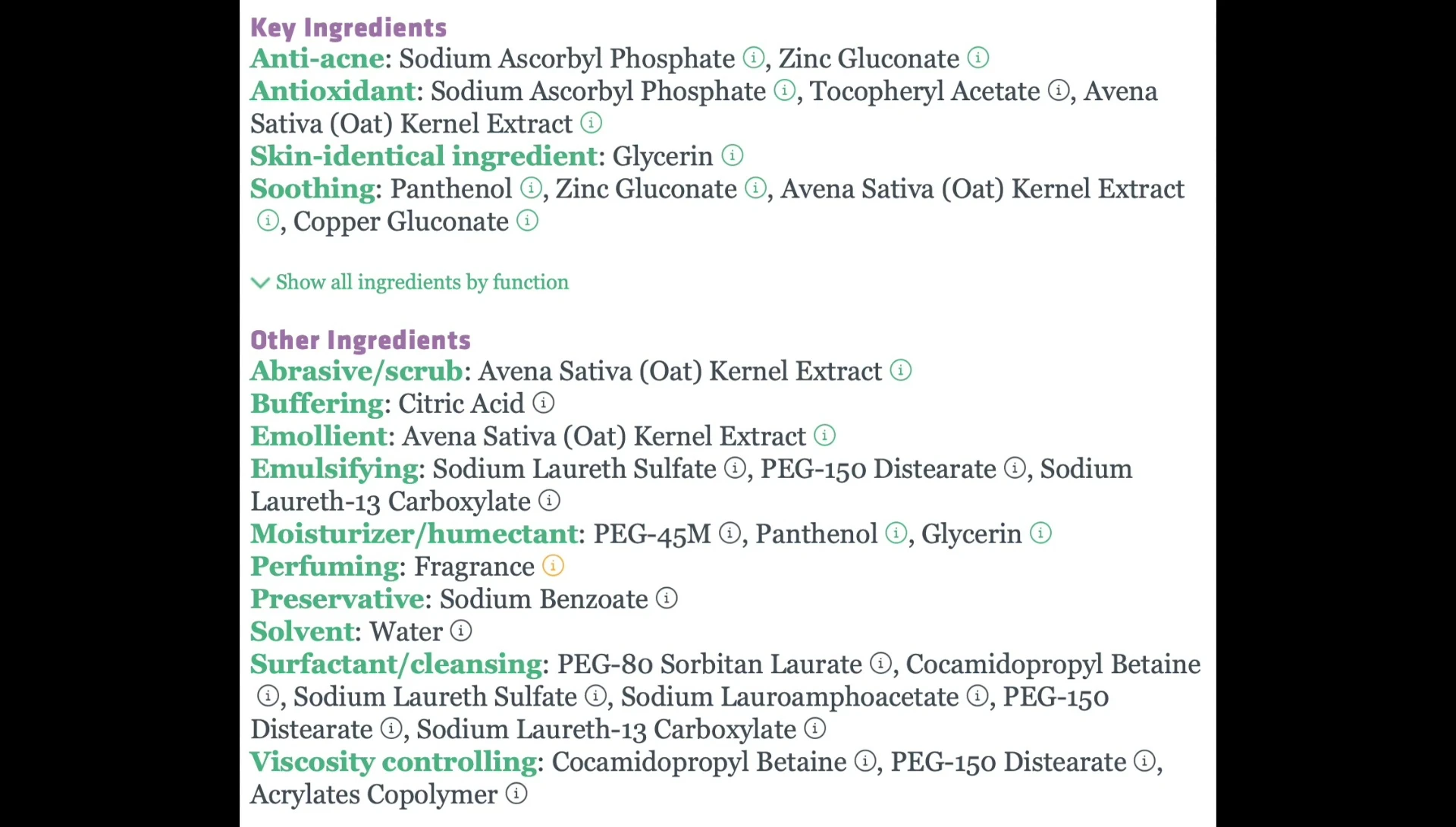 Screenshot highlighting key ingredients