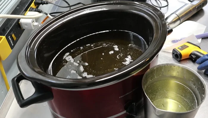 Prepare lye solution: Mix lye (with organic sugar) and sodium lactate.