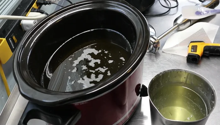 Blend using a stick blender until trace appears.