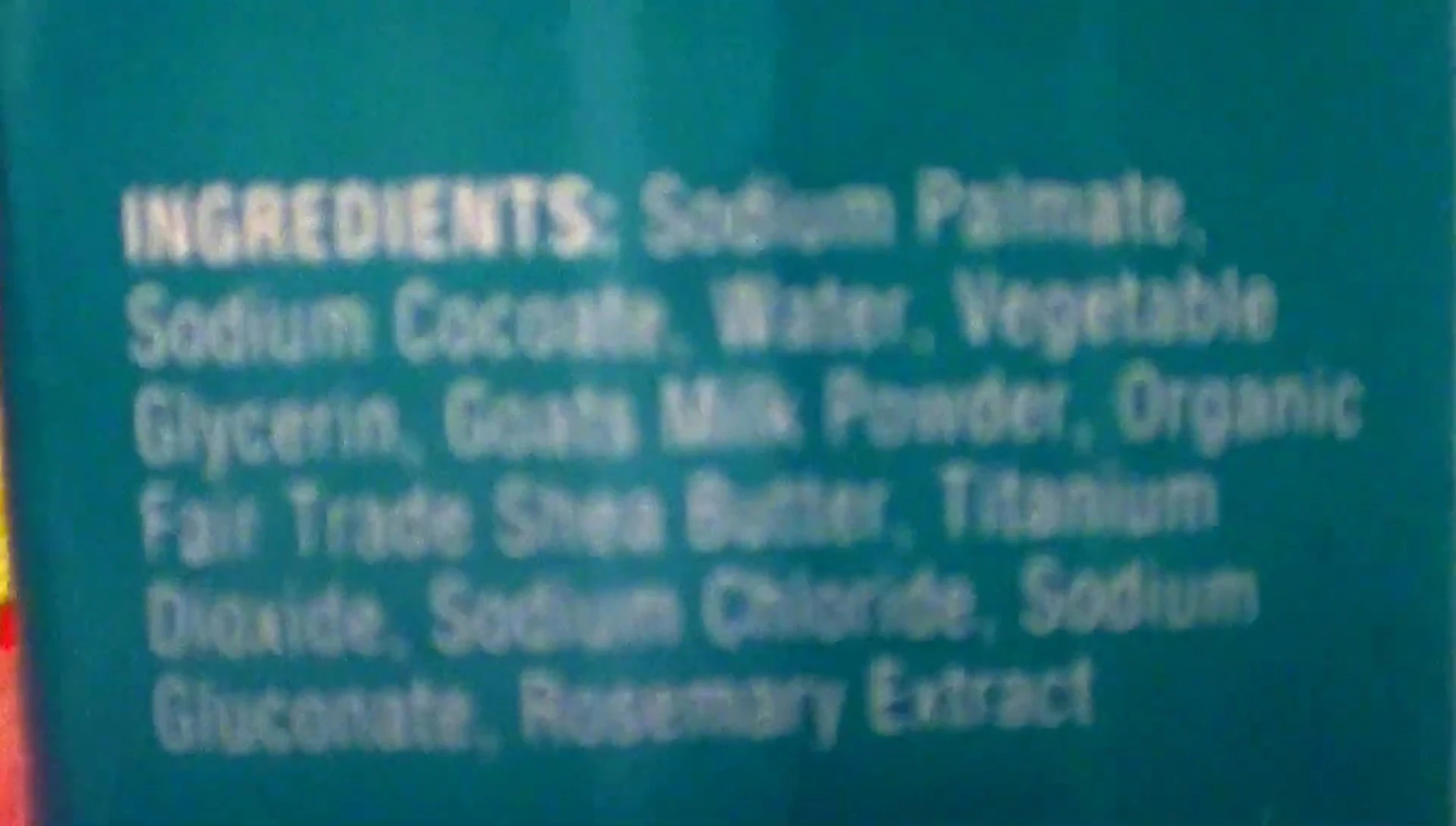 Close-up shot of the ingredient list on the soap packaging