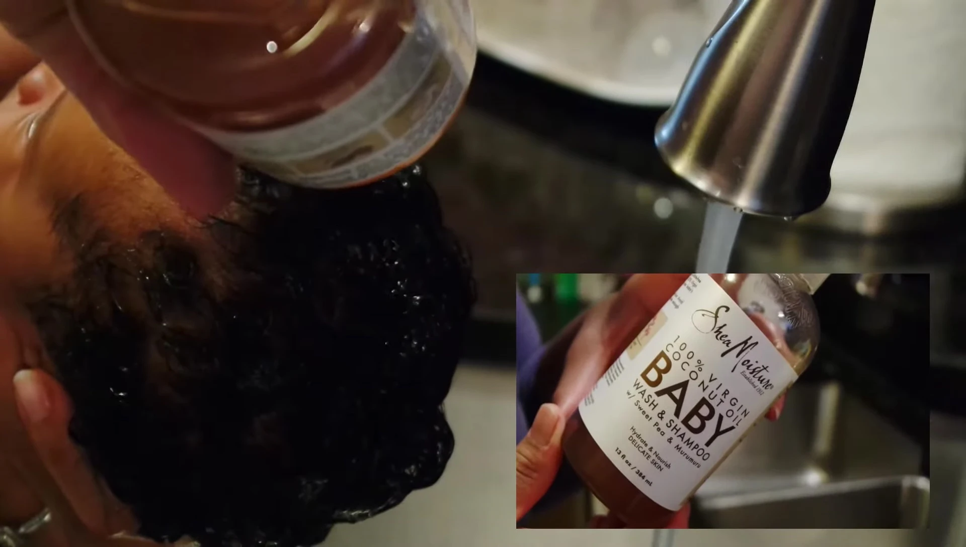 Applying Shea Moisture coconut oil shampoo to baby's hair.