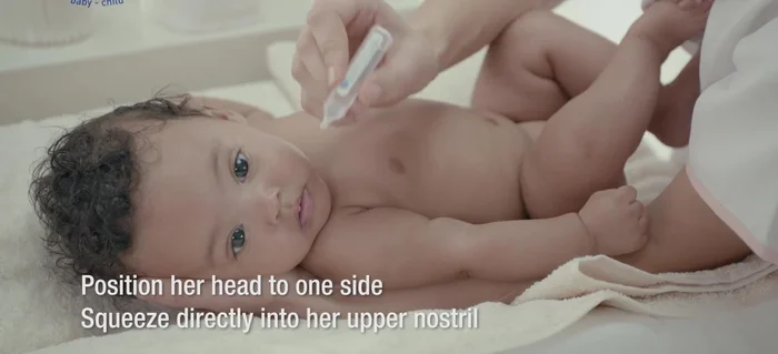 For unwell babies: Gently squeeze saline solution into the upper nostril to induce discharge from the lower nostril; repeat on the other side.