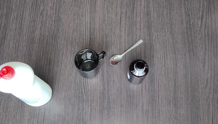 Mix cleaning solution: Combine two parts hydrogen peroxide and one part dish soap.