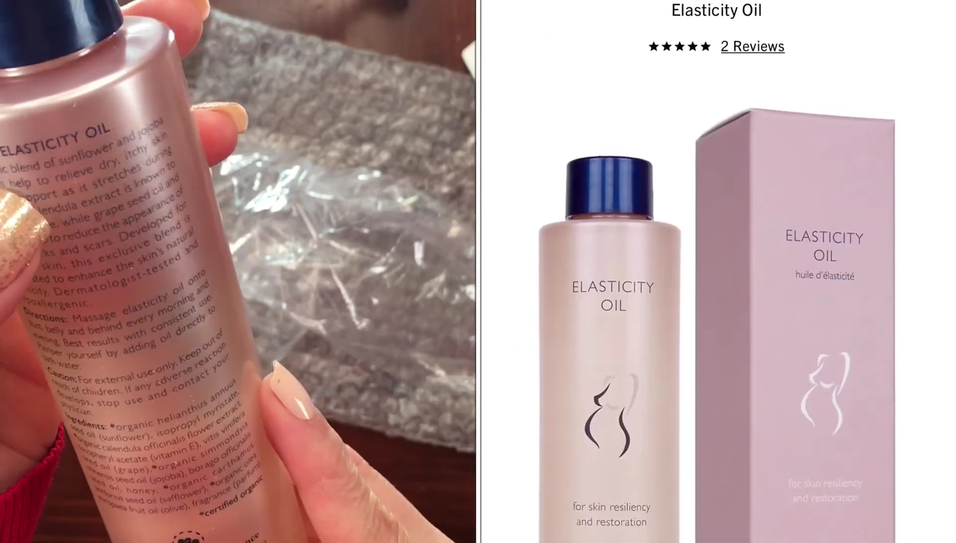 A close-up shot highlighting the ingredients list on the Elasticity Oil bottle