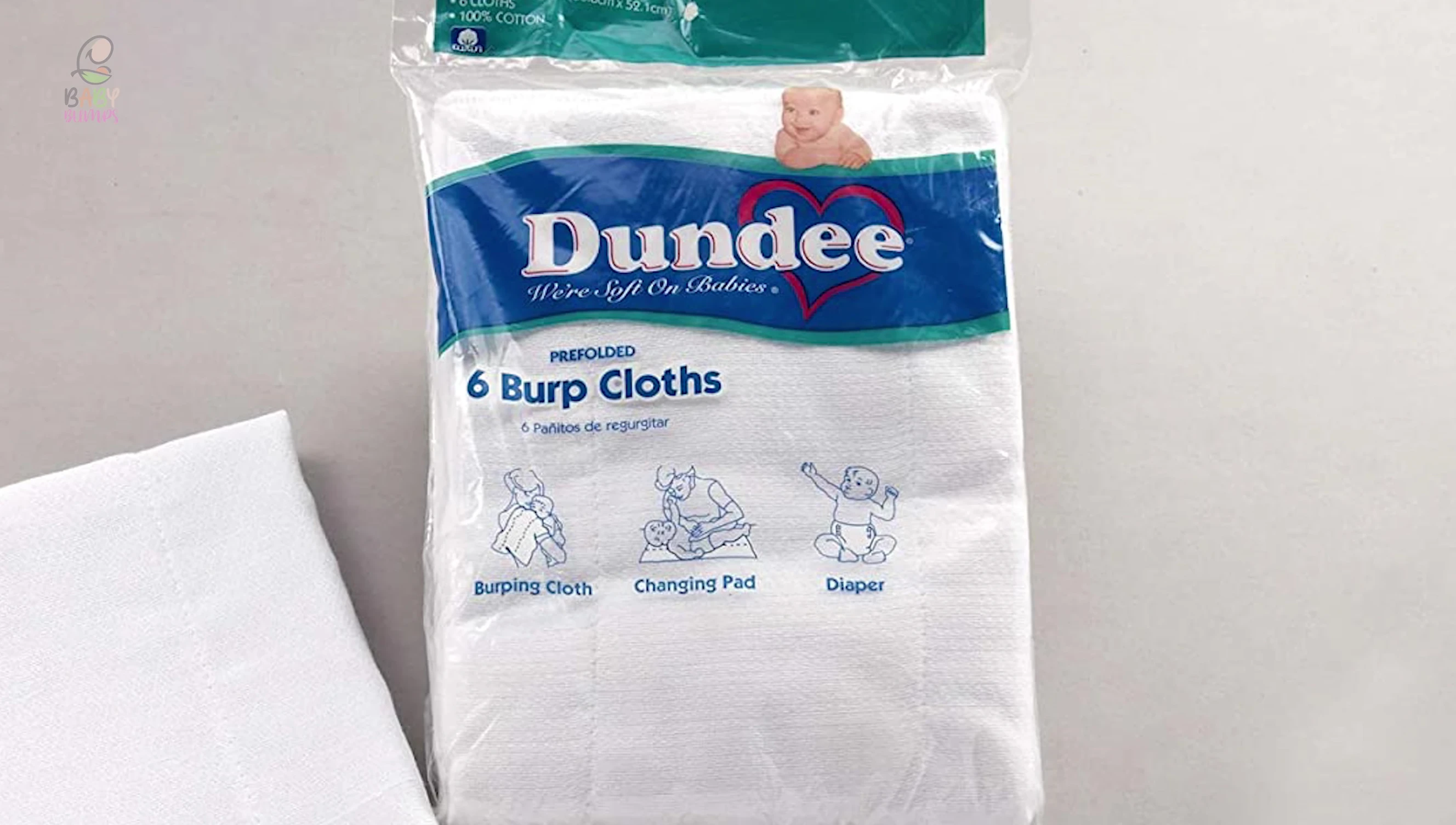 Close-up of a folded Dundee burp cloth