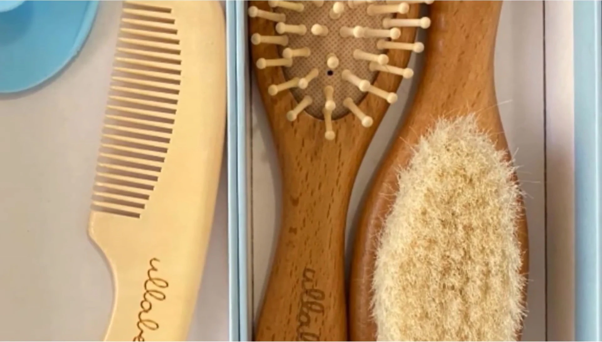 Close-up of the different brushes and comb in the Labelle set