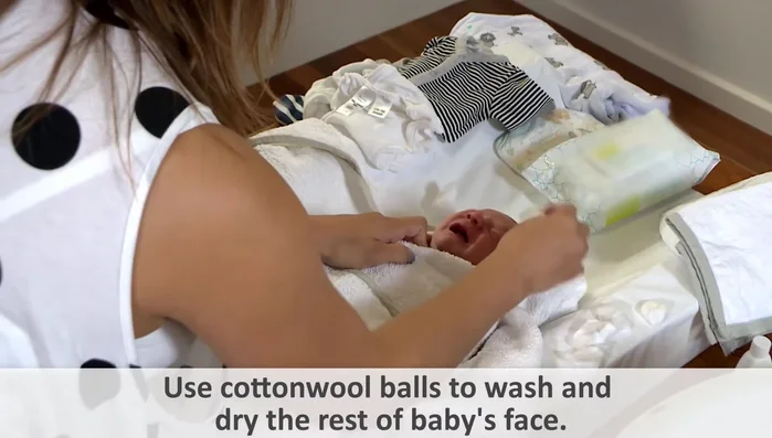Wash face: Wash the rest of baby's face with cotton wool or a soft washcloth.