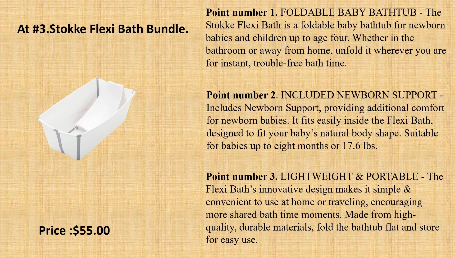 Highlighting the newborn support included with the Flexi Bath.