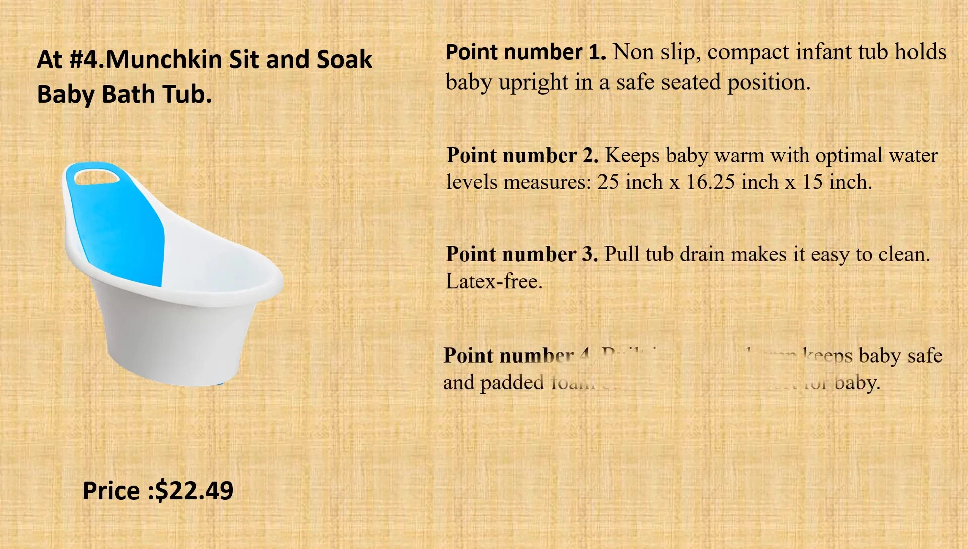 Showing the dimensions and optimal water levels of the Munchkin tub.