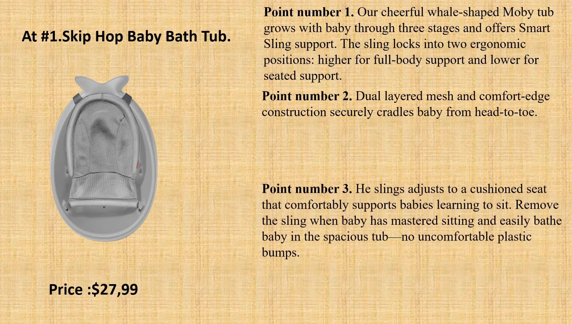 Image highlighting the adjustable sling support system of the Moby Tub.