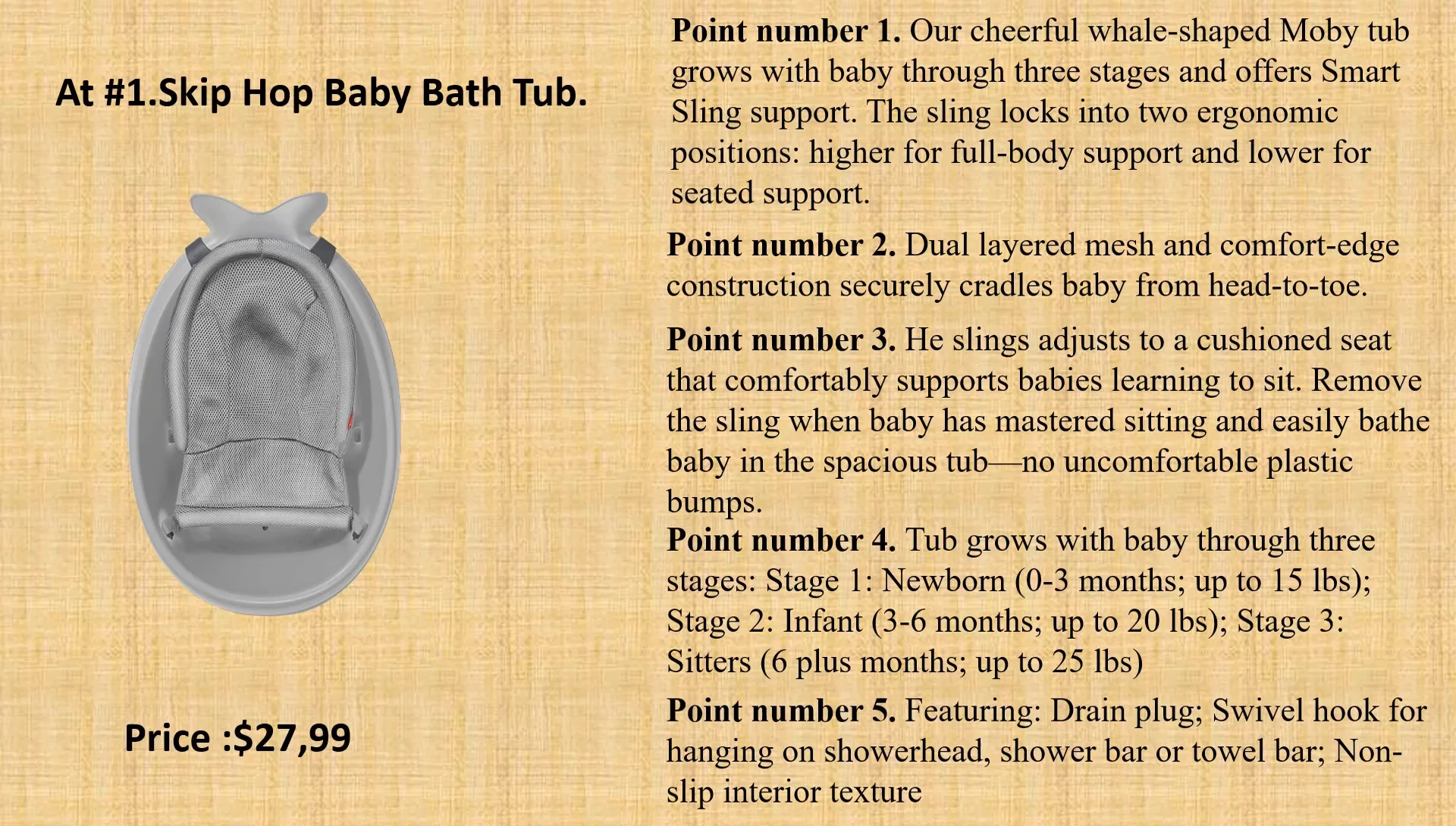 Shot showcasing the drain plug and swivel hook for storage on the Moby Tub.