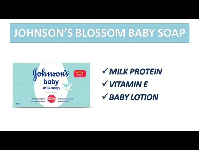 Close-up shot of the Johnson's Baby Milk Soap ingredients list highlighting milk proteins, Vitamin E, and Vitamin B5.