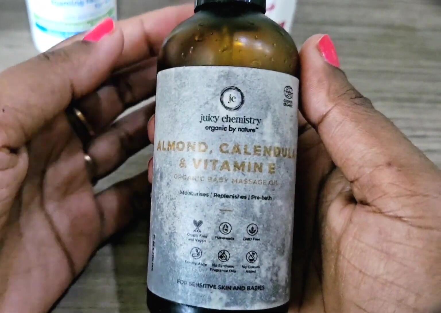 Product shot of UC Chemistry's Almond Shalin Jhula & Vitamin E Massage Oil bottle