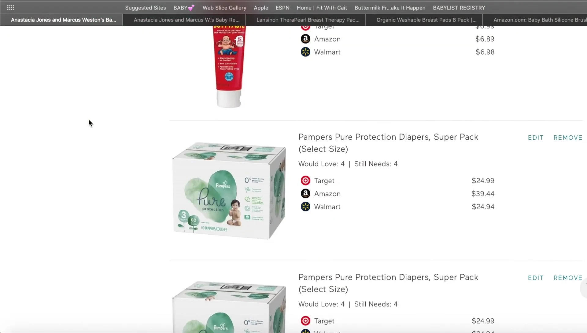 Screenshot of various diaper sizes listed on the registry.