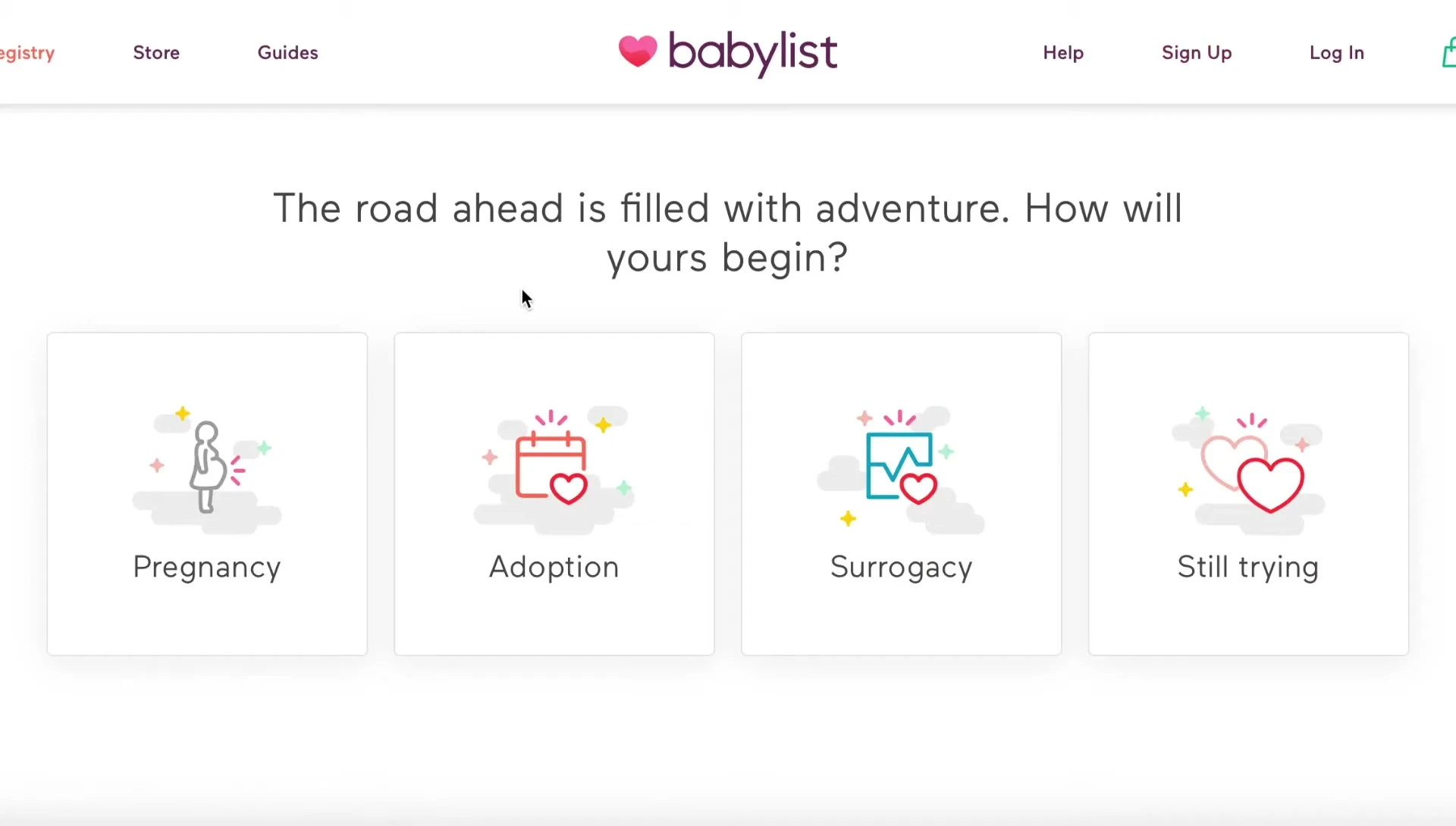 Screenshot of the Babylist signup page, asking about the start of the journey.