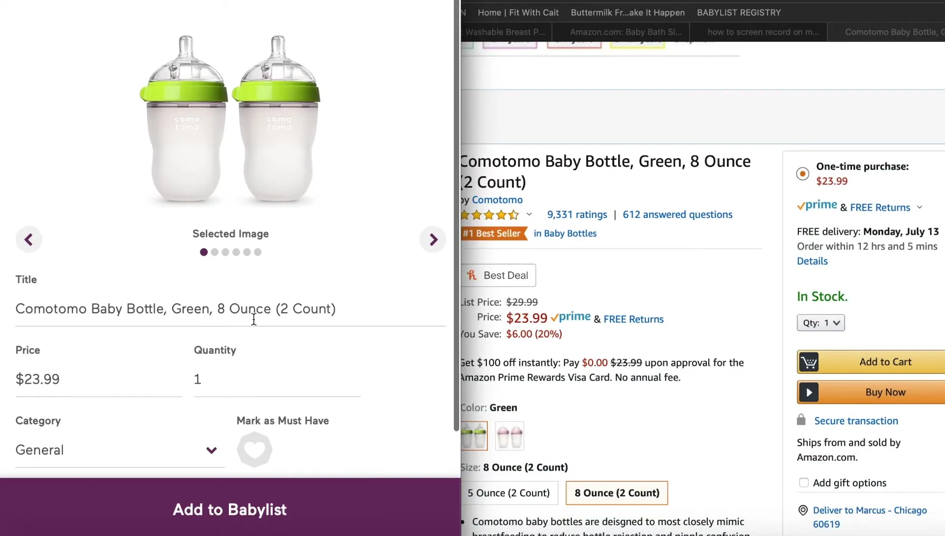 Screenshot showing how to add an item from Amazon to the Babylist registry.