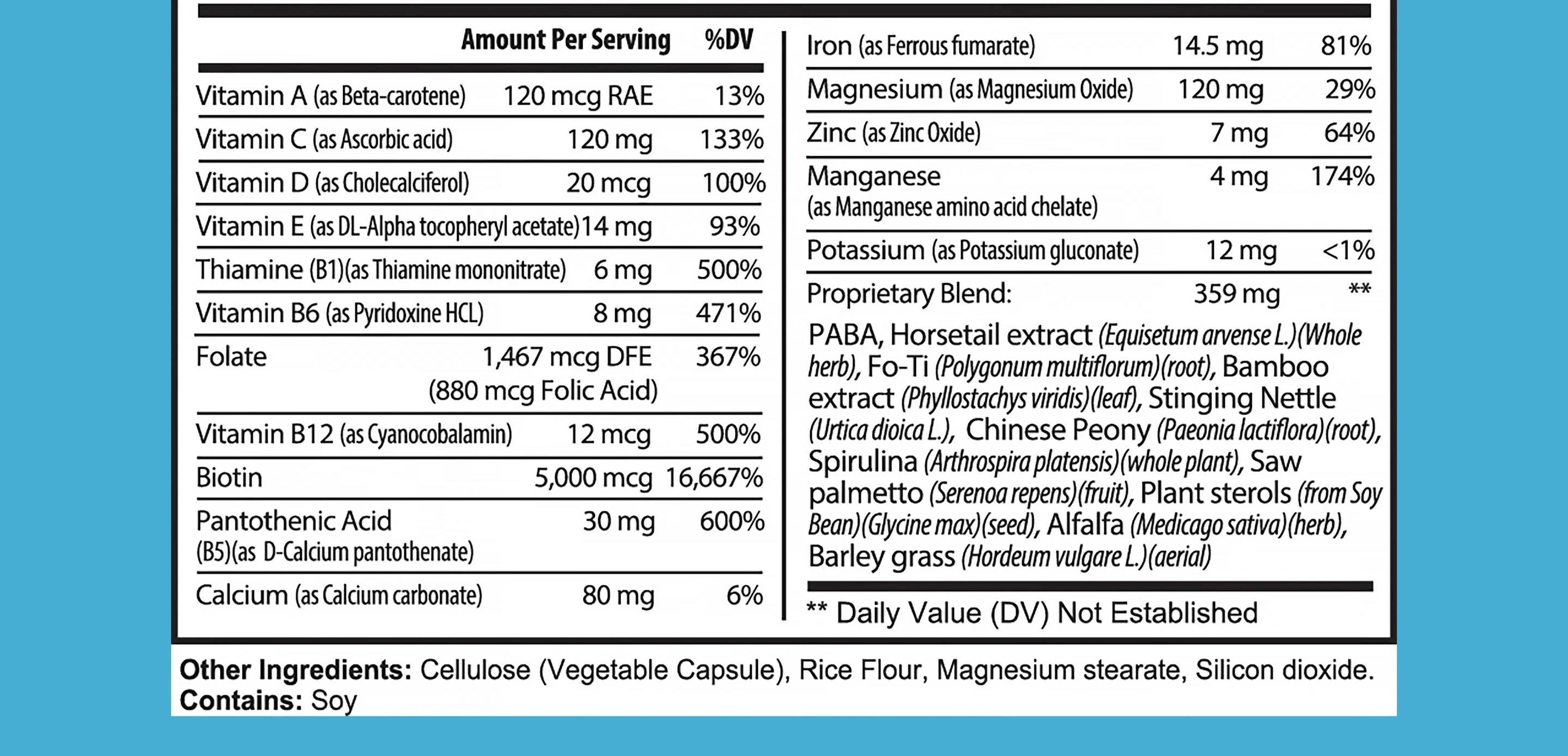 Screenshot focusing on the minerals included in the supplements.