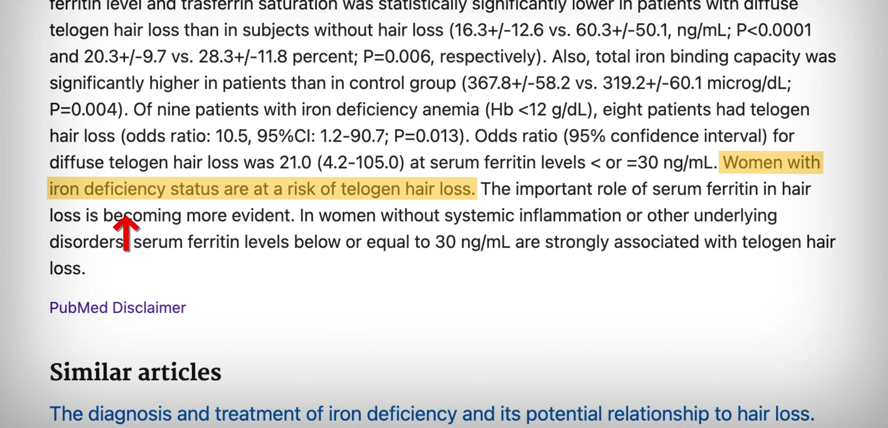 Screenshot emphasizing iron's potential role in hair growth.