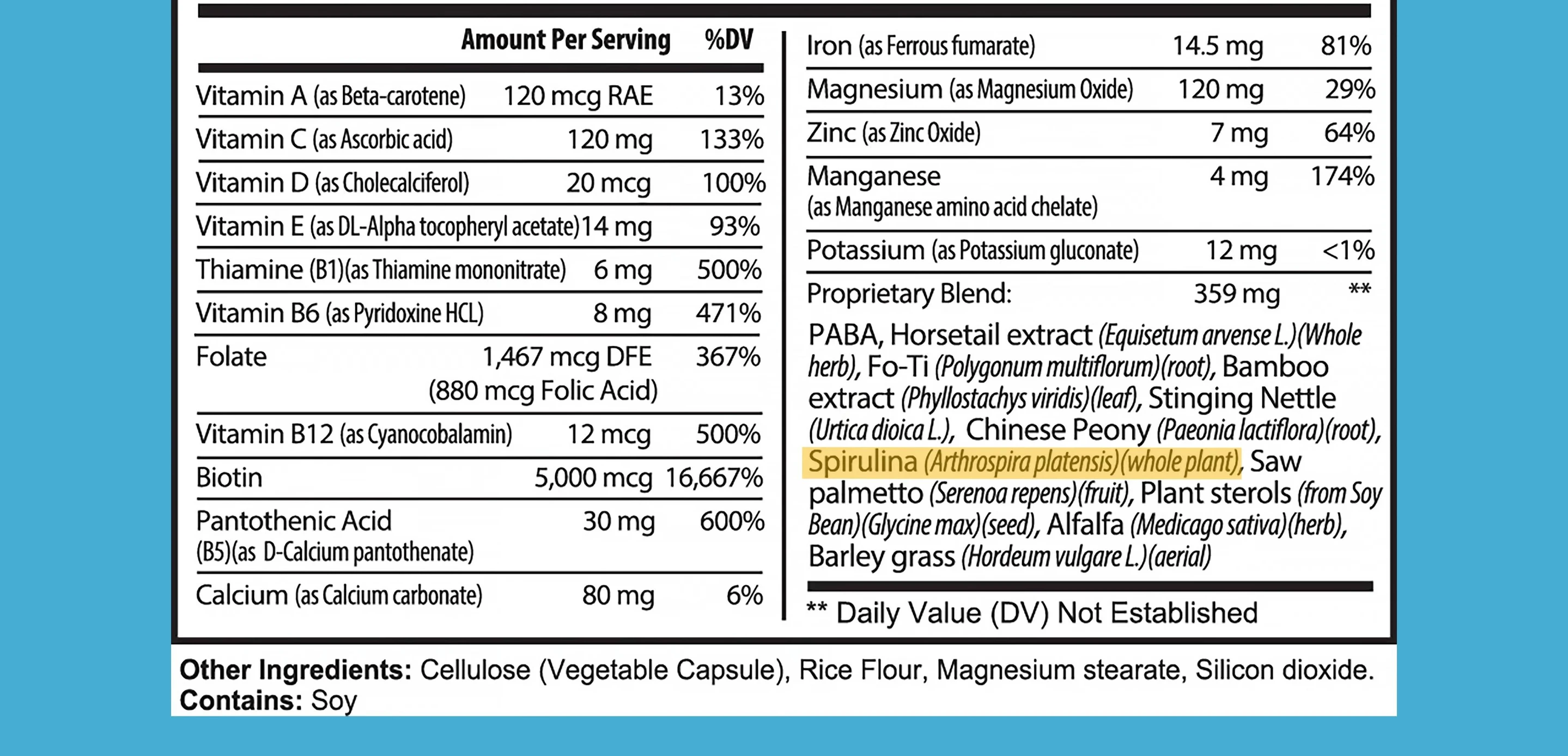 Screenshot focusing on spirulina and its lack of effectiveness for hair growth.