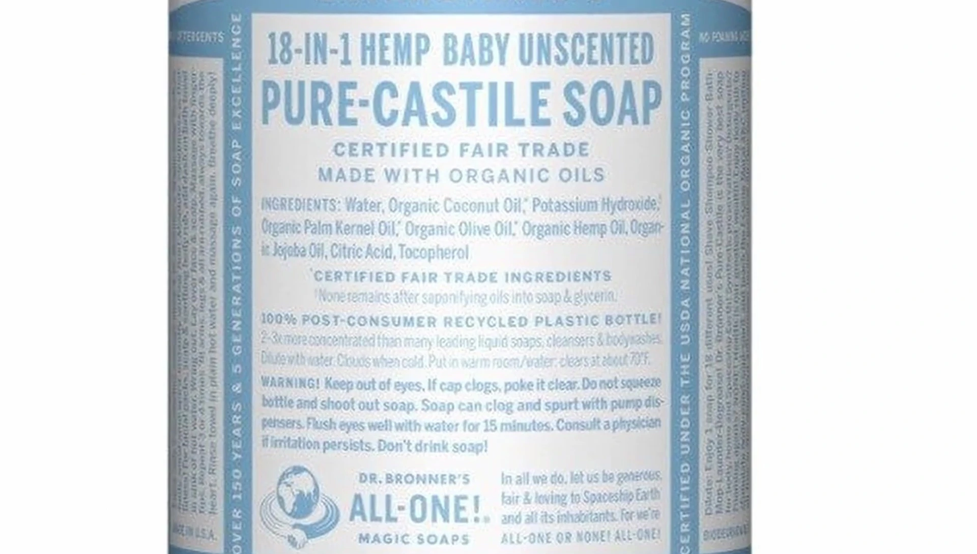 Close-up of the ingredient list on the Dr. Bronner's bottle